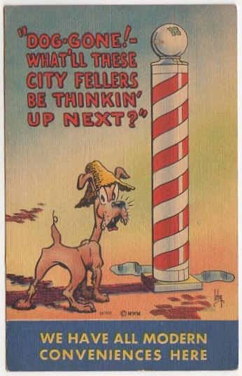 Vintage Comic Postcard Dog Barber Pole Artist Signed Irby Unused