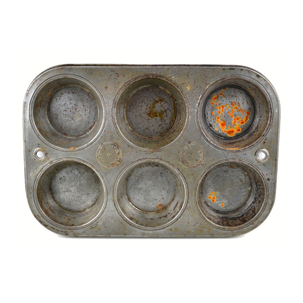 Vintage EKCO 6 Muffin Cupcake Chicago Baking Pan Tin Food Photography Prop