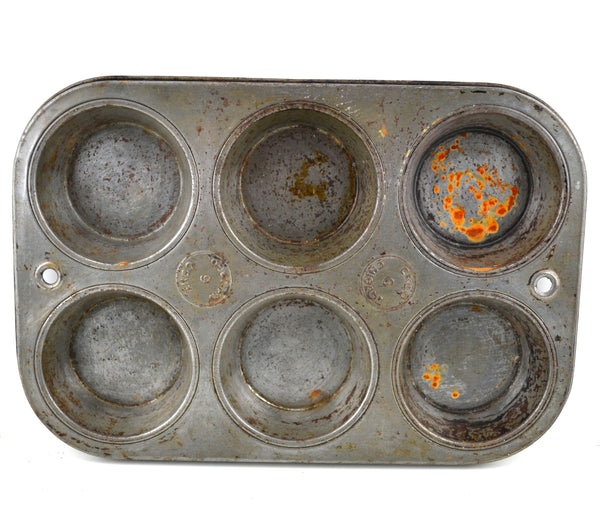 Vintage EKCO 6 Muffin Cupcake Chicago Baking Pan Tin Food Photography Prop