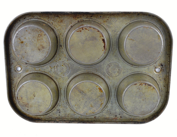 Vintage EKCO 6 Muffin Cupcake Chicago Baking Pan Tin Food Photography Prop
