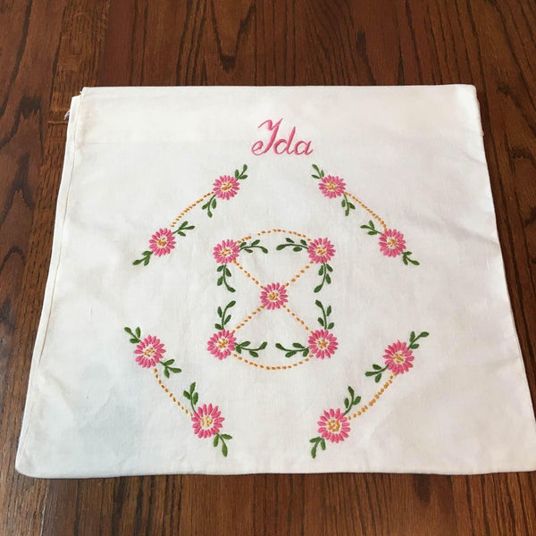 Vintage Embroidered Pillow Cover Pink Flowers IDA Name
