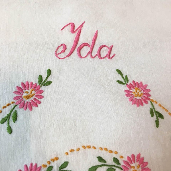 Vintage Embroidered Pillow Cover Pink Flowers IDA Name