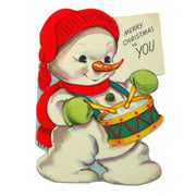 Vintage Flocked Gibson Used Christmas Card 1950s Snowman Playing Drum