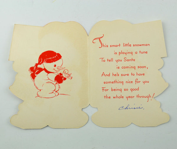 Vintage Flocked Gibson Used Christmas Card 1950s Snowman Playing Drum