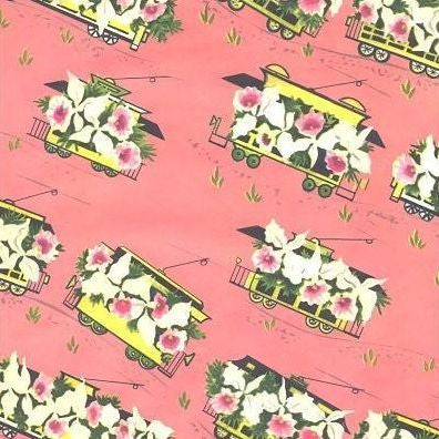 Vintage Wrapping Paper Floral Train Cars 1950s Gift Wrap
