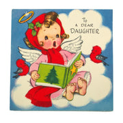 Vintage Unused Gibson Flocked Christmas Card Little Angel and Birds
