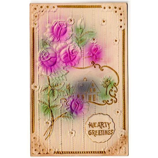 Vintage Greetings Postcard Airbrushed Pink Flowers