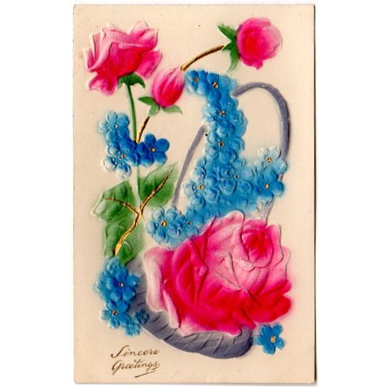 Vintage Greetings Postcard Airbrushed Pink Roses Heavily Embossed