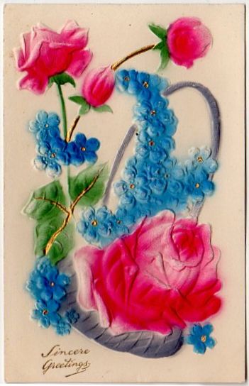 Vintage Greetings Postcard Airbrushed Pink Roses Heavily Embossed