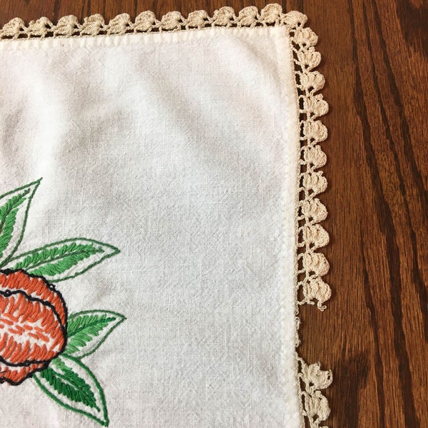 Vintage Hand Embroidered Fruit Tablecloth Crocheted Edging 60 x 47