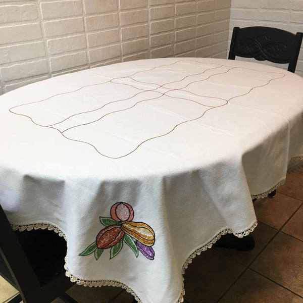 Vintage Hand Embroidered Fruit Tablecloth Crocheted Edging 60 x 47