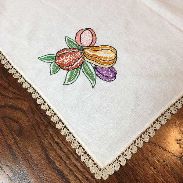 Vintage Hand Embroidered Fruit Tablecloth Crocheted Edging 60 x 47