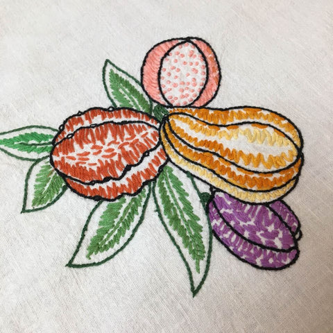 Vintage Hand Embroidered Fruit Tablecloth Crocheted Edging 60 x 47