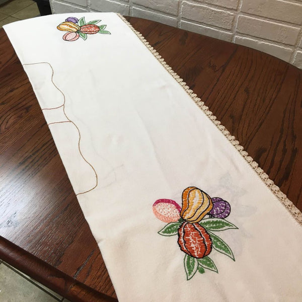 Vintage Hand Embroidered Fruit Tablecloth Crocheted Edging 60 x 47
