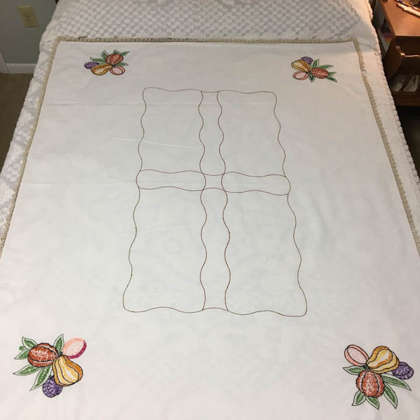 Vintage Hand Embroidered Fruit Tablecloth Crocheted Edging 60 x 47