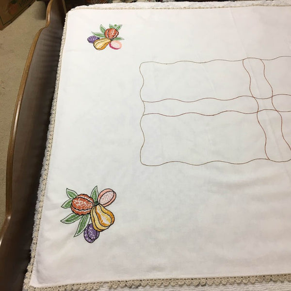 Vintage Hand Embroidered Fruit Tablecloth Crocheted Edging 60 x 47
