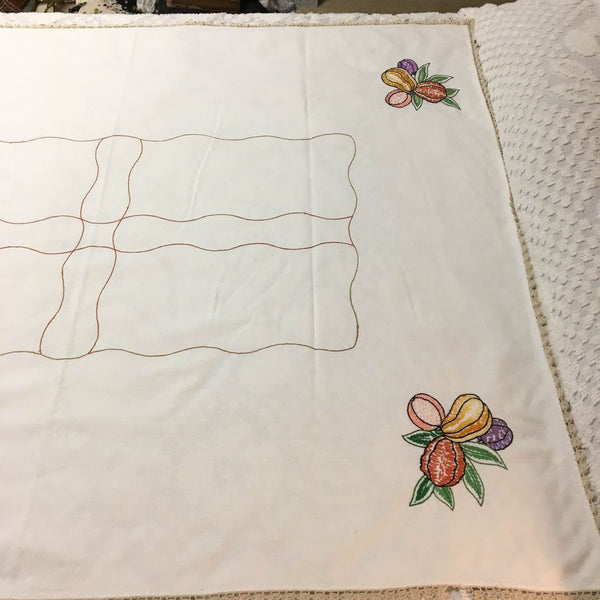Vintage Hand Embroidered Fruit Tablecloth Crocheted Edging 60 x 47
