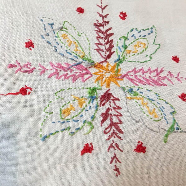 Vintage Hand Embroidered Table Runner Dresser Scarf Floral Leaves Crochet Edging 14 x 39