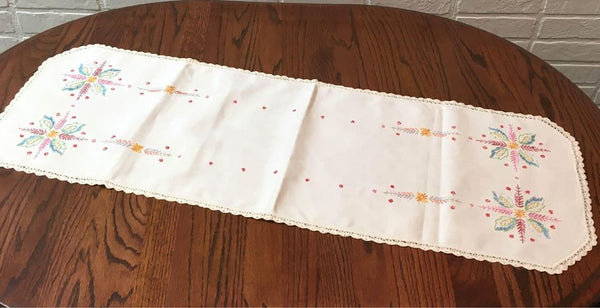 Vintage Hand Embroidered Table Runner Dresser Scarf Floral Leaves Crochet Edging 14 x 39