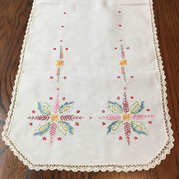 Vintage Hand Embroidered Table Runner Dresser Scarf Floral Leaves Crochet Edging 14 x 39