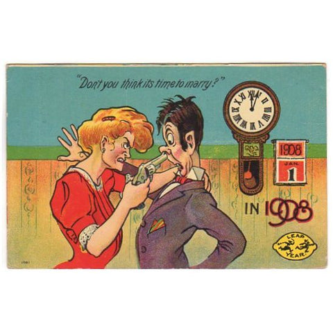 Vintage Humorous Leap Year Postcard Cartoon Romance Clock and Calendar
