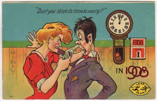 Vintage Humorous Leap Year Postcard Cartoon Romance Clock and Calendar