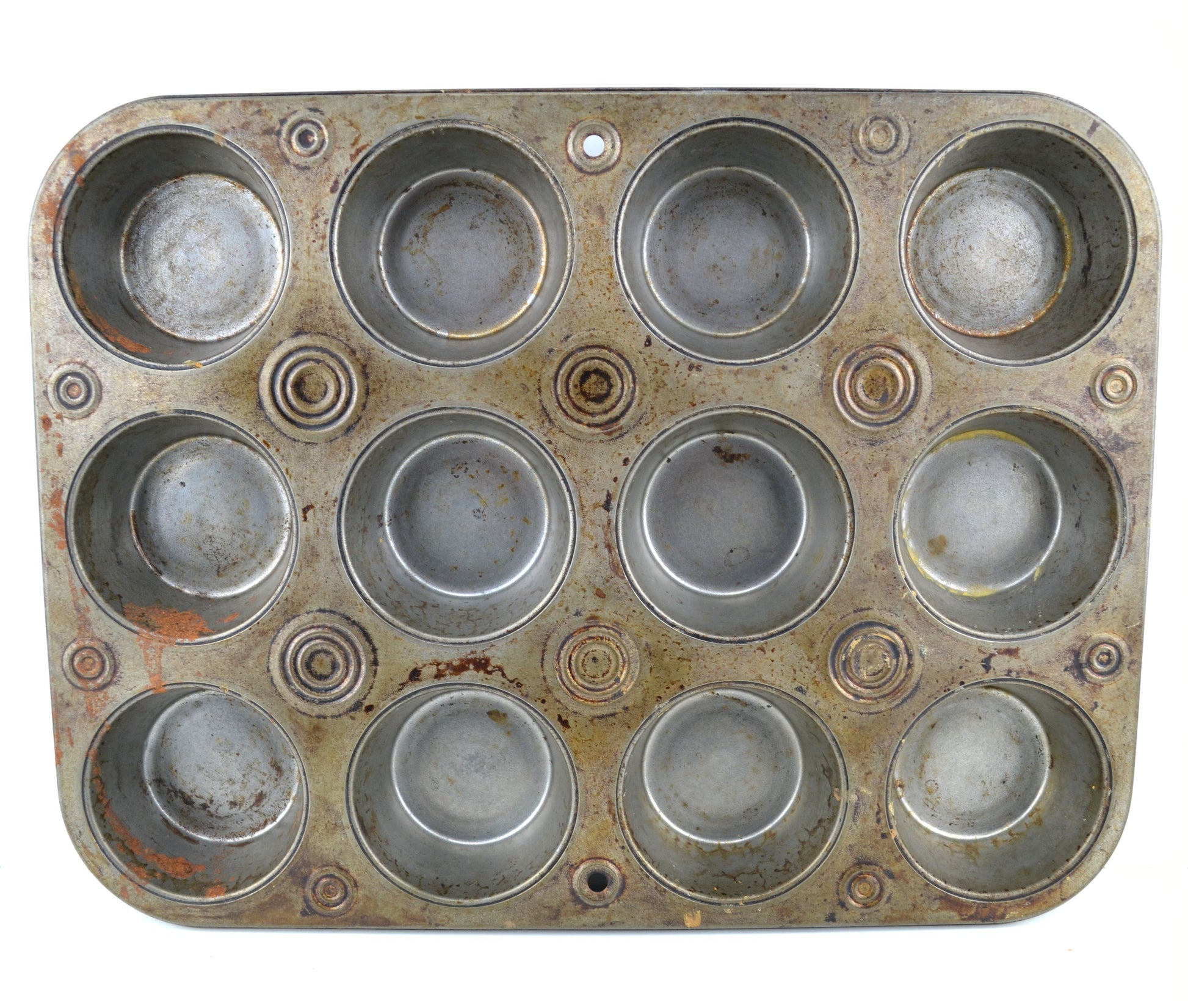 Vintage Muffin Cupcake Baking Tin 12 Round Aged Rusty Food Photography Prop - Avid Vintage