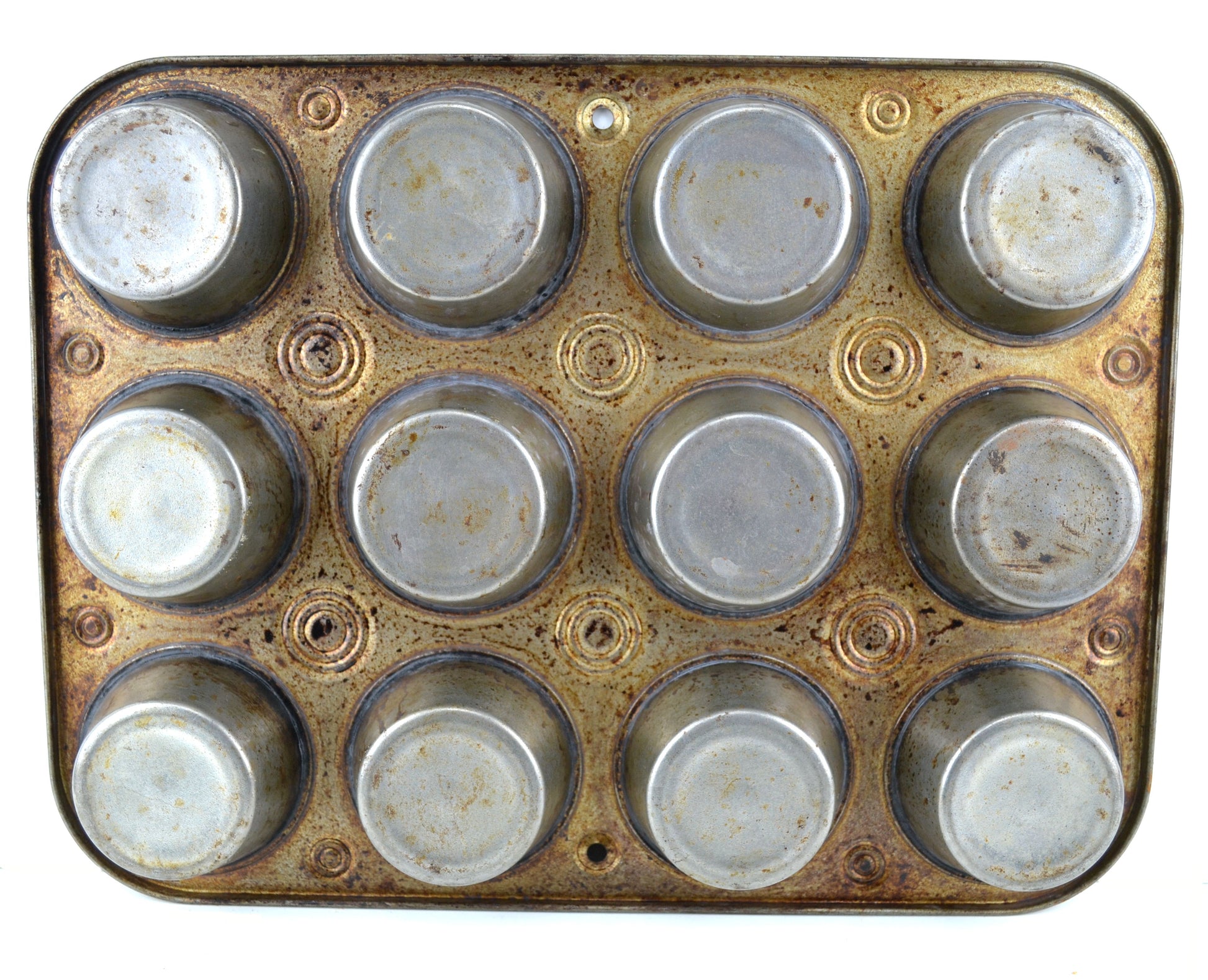 Vintage Muffin Cupcake Baking Tin 12 Round Aged Rusty Food Photography Prop - Avid Vintage