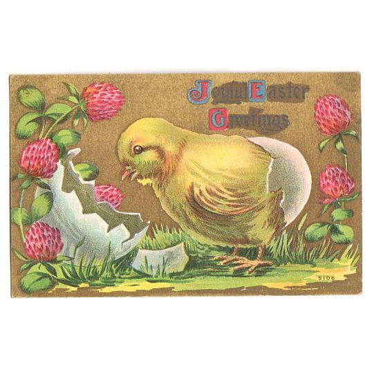Vintage Post Card Joyful Easter Greetings Baby Chick Pink Clover Flowers - Avid Vintage