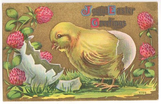 Vintage Post Card Joyful Easter Greetings Baby Chick Pink Clover Flowers - Avid Vintage