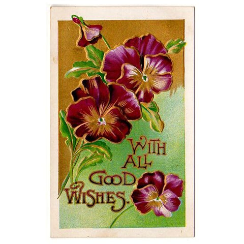 Vintage Postcard Good Wishes Purple Violets Metallic Gold
