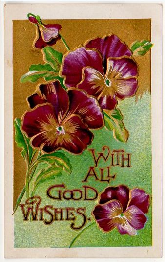 Vintage Postcard Good Wishes Purple Violets Metallic Gold