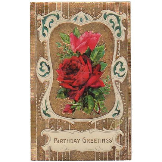 Vintage Red Rose Birthday Greetings Postcard Gold Foil Samson Brothers - Avid Vintage