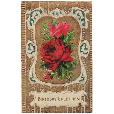 Vintage Red Rose Birthday Greetings Postcard Gold Foil Samson Brothers - Avid Vintage