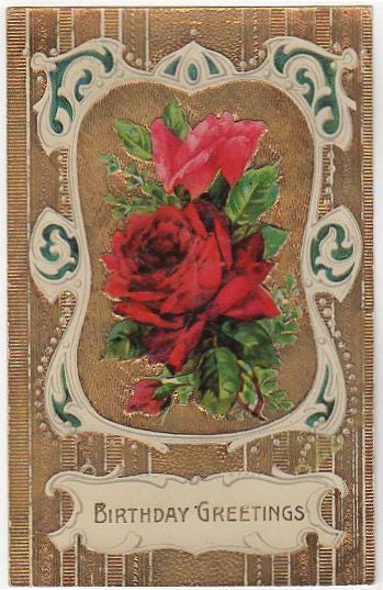 Vintage Red Rose Birthday Greetings Postcard Gold Foil Samson Brothers - Avid Vintage