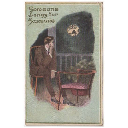 Vintage Romance Postcard Lonely Man Stares at Moon Empty Chair