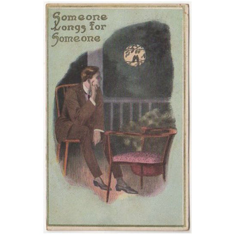 Vintage Romance Postcard Lonely Man Stares at Moon Empty Chair