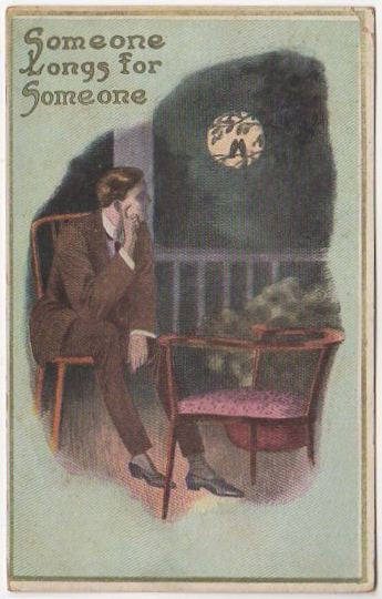 Vintage Romance Postcard Lonely Man Stares at Moon Empty Chair