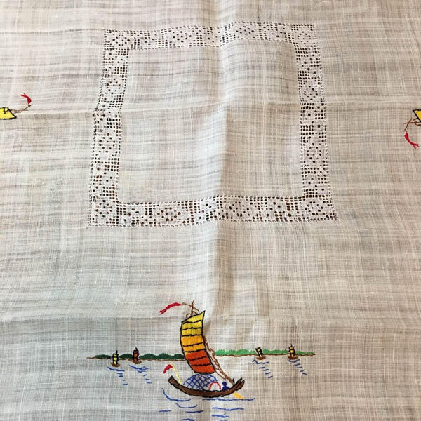 Vintage Table Topper Square Hand Embroidered Boats Water Scene Sailing