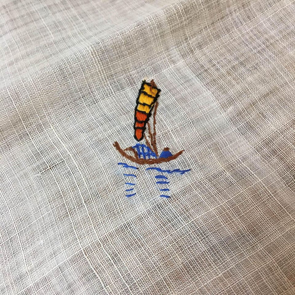Vintage Table Topper Square Hand Embroidered Boats Water Scene Sailing