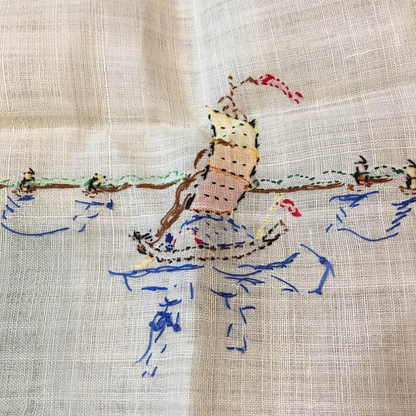 Vintage Table Topper Square Hand Embroidered Boats Water Scene Sailing