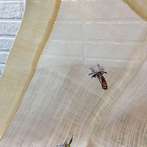 Vintage Table Topper Square Hand Embroidered Boats Water Scene Sailing