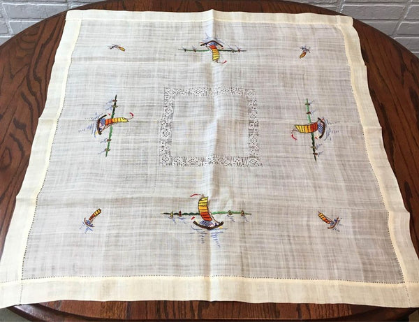 Vintage Table Topper Square Hand Embroidered Boats Water Scene Sailing