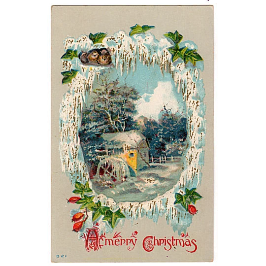 Vintage 1910s Snow Scene Merry Christmas Postcard Ivy and Birds - Avid Vintage
