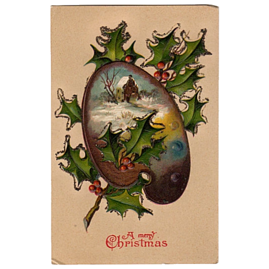 Vintage 1910s Winter Scene Paint Pallet Merry Christmas Postcard - Avid Vintage