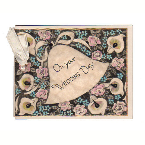 Vintage 1930s Art Deco Wedding Card Peace Lily and Pink Roses Large Bell - Avid Vintage