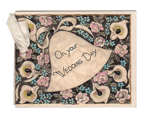 Vintage 1930s Art Deco Wedding Card Peace Lily and Pink Roses Large Bell - Avid Vintage