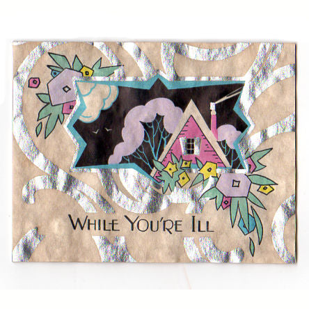 Vintage 1930s Art Deco Get Well Card House Flowers Silver Foil Accents - Avid Vintage