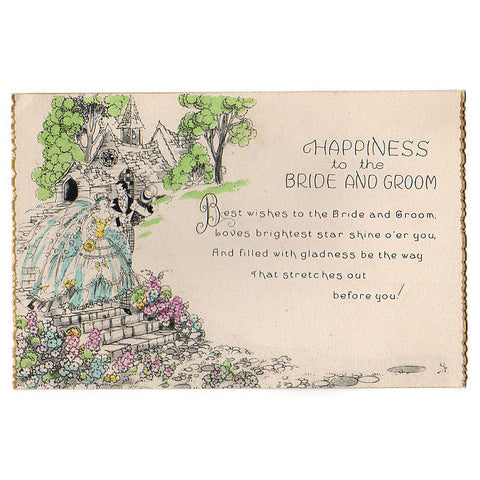 Vintage 1930s Art Deco Unused Wedding Card Bride and Groom Leaving Church - Avid Vintage
