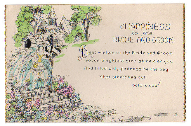 Vintage 1930s Art Deco Unused Wedding Card Bride and Groom Leaving Church - Avid Vintage